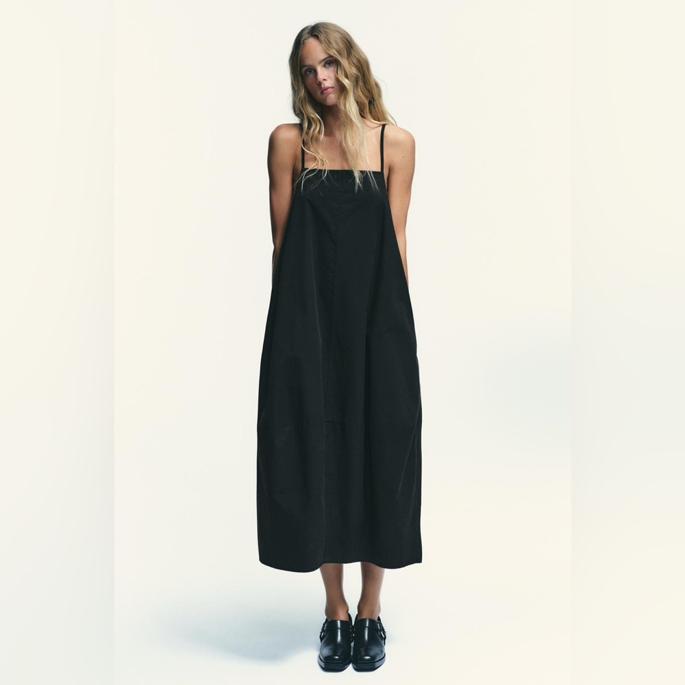 ZARA Black 100% cotton voluminous / bubble dress with straps NWT
